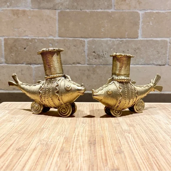 Candle Stand / Holder - Brass Dhokra Fish Shape - Vintage - Handmade Set of 2 - Picture 2 of 9
